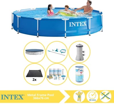 Intex Rond Frame Zwembad - 366 x 76 cm - Blauw - Inclusief Pomp - Afdekzeil - Onderhoudspakket - Filter - Schoonmaakset - Solar Mat - 7-delig