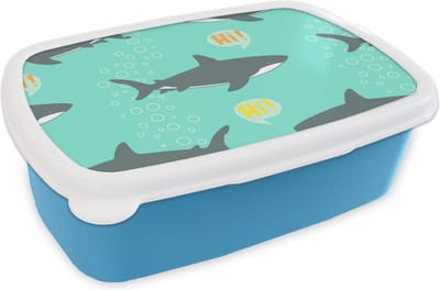 Broodtrommel Blauw - Lunchbox - Brooddoos - Patronen - Water - Haai - Jongens - Jongetje - Kind - Kids - 18x12x6 cm - Kinderen - Jongen