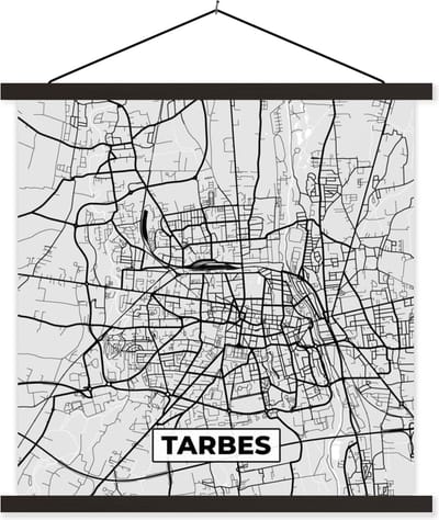 Posterhanger incl. Poster 60x60 cm - Schoolplaat - Plattegrond - Tarbes - Stadskaart - Kaart - Frankrijk - Textielposter - Zwarte latten - Stadskaart