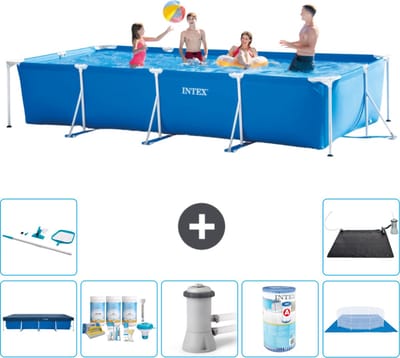 Intex Rechthoekig Frame Zwembad - 450 x 220 x 84 cm - Blauw - Inclusief Afdekzeil - Onderhoudspakket - Zwembadfilterpomp - Filter - Grondzeil - Schoonmaakset - Solar Mat - 8-delig
