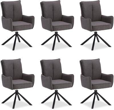 Homestyle4u Eetkamerstoelen van Linnen - 6 Stoelen - met armleuningen - draaibaar - Antraciet