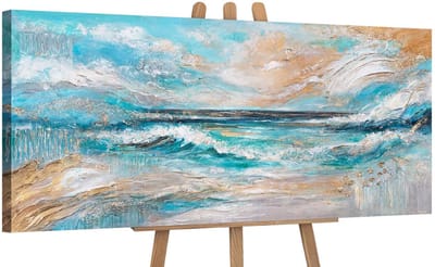 Canvas schilderij panoramisch 115x50 handgeschilderd zonnige vloed zon zee – YS-Art Gallery – Stralende wanddecoratie voor woonkamer – Modern schilderij voor hal