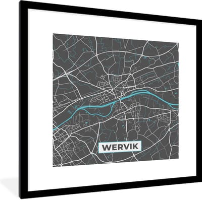 Fotolijst incl. Poster - Plattegrond – Wervik – Blauw – Stadskaart - Kaart - 40x40 cm - Posterlijst