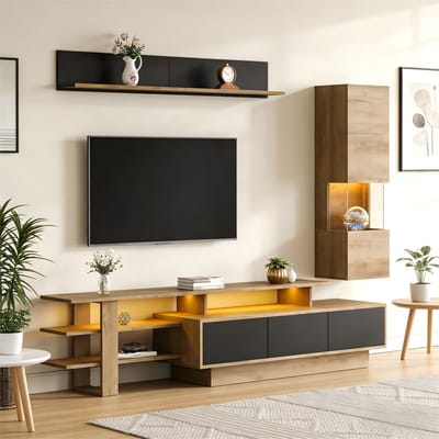 Sweiko TV-meubelset - 3-delig - Vitrinekast + Wandrek - LED-verlichting - 3 lades - Zwart + Naturel