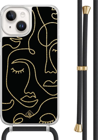 Casimoda® hoesje met zwart koord - Geschikt voor iPhone 14 - Abstract Faces - Afneembaar koord - TPU/acryl - Zwart