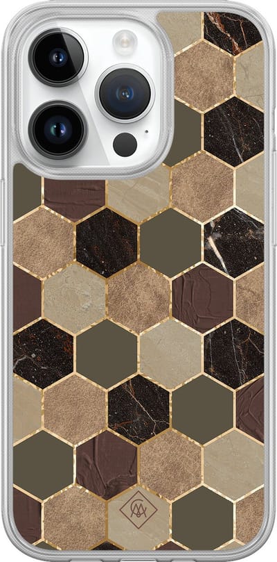 Casimoda® hoesje - Geschikt voor iPhone 14 Pro - Kubus Groen Bruin - 2-in-1 case - Schokbestendig - Geometrisch patroon - Verhoogde randen - Bruin/beige, Transparant