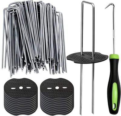 101-Delige Set Grondpennen - U-Vormige Pennen - Tent Pegs - Tuinankers - 6-Inch (11-Gauge) - 50 U-Vormige Grondnieten, 50 Bevestigingsringen en 1 Haak - Voor Onkruiddoek, Bodembedekking en Het Vastzetten Van Hekwerk