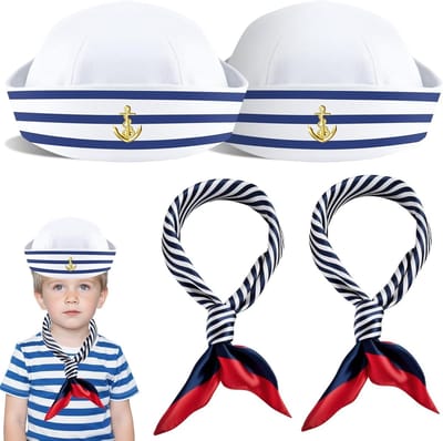 Sailor Hoed en Sjaal Set voor Mannen en Vrouwen, Blauw-Wit Gestreept met Rood Accent, Maritiem Kostuum voor Feestjes en Thema-avonden, One Size voor Volwassenen