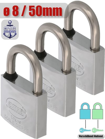 AMIG Hangslot met Sleutel RVS Ø8/50mm - Standaard Beugel Buiten 3 Stuks