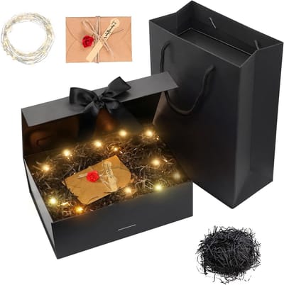 Cadeaubox met Deksel in Zwart, Luxe Geschenkdoos voor Verjaardag, Bruiloft en Kerst met Strik en Kaarten