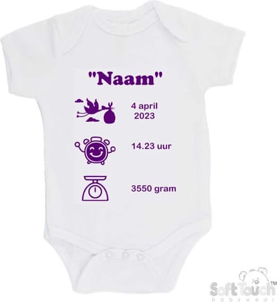 100% katoenen Romper met naam & geboortegegevens Unisex/Meisje/Jongen Katoen Wit/paars Maat 56/62