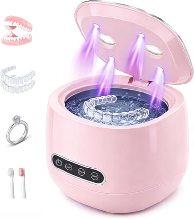 Ultrasoon Reiniger - Ultrasone Kunstgebit Reiniger - 45Khz - UVC+UVA - 3versnellingen - Timer - Gebitsbakje - Beugelbakje - 304 binnengroef - Inclusief USB-oplaadkabel - 160ml - Draagbaar - voor kunstgebitten, beugels en sieraden - roze