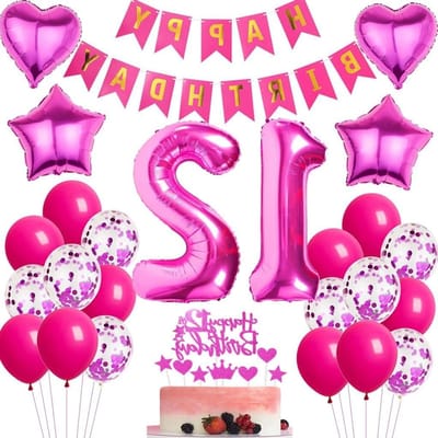 Feestelijke 12e Verjaardag Versieringen voor Meisjes met Roze en Rode Ballonnen en Taartdecoraties