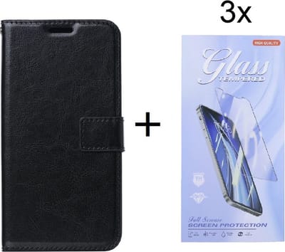 Bookcase Zwart Geschikt voor Samsung Galaxy A34 - portemonnee hoesje met 3 stuk Glas Screen protector - ZT Accessoires