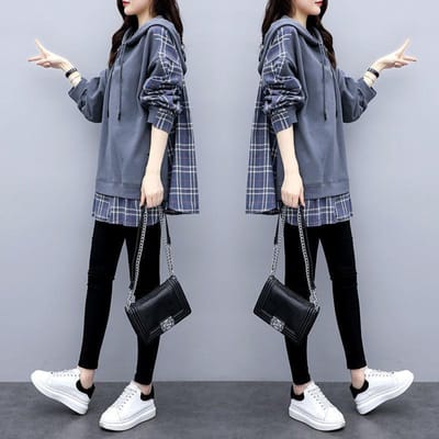 Pull pour femme Printemps et Automne en Coton Printemps et Hiver Grande Taille Femme Lâche et Grosse à Capuche Mi-long Fausse Deux Pièces Manches Longues 3XL gris