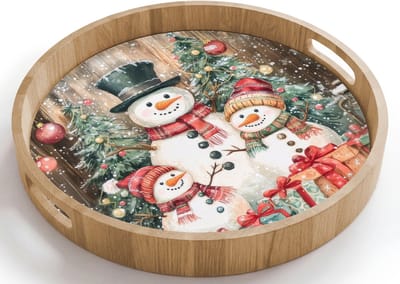 Dienblad rond 40x40 cm - Schootdienblad hout - Sneeuwpop - Familie - Kleurrijk - Borrelplank rechthoek - Plateau houten dienbladen
