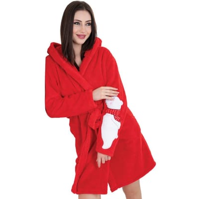 Robe de chambre pour femme épaisse courte à capuche en peluche L red