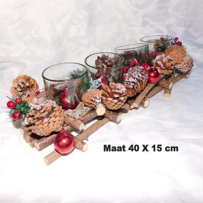 Hetty'S - Sfeervolle Waxinelichthouder â€“ 4 lichtjes in Kerstbalvorm| Hout met Dennenappels & Hulst