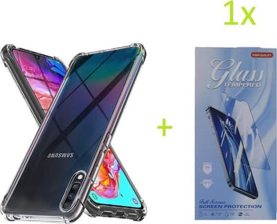 Samsug Galaxy A70 - Anti Shock Silicone Bumper Hoesje - Transparant + 1X Tempered Glass Screenprotector