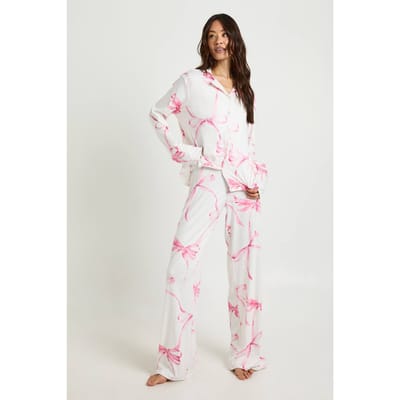 boohoo Dames Lang oversized top met strikprint en lange mouwen & broek pyjama-set | Baby Pink | Maat: 18