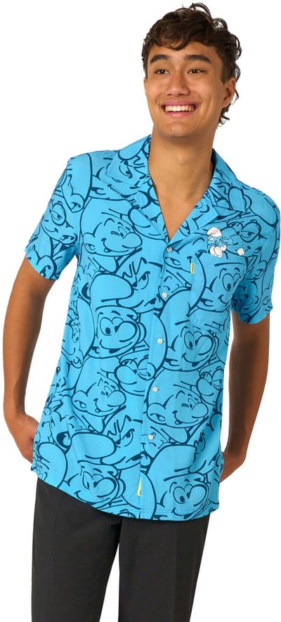 OppoSuits Shirt - The Smurfs Smurftastic - Heren Overhemd - Korte Mouwen - Blauw - Maat XXL