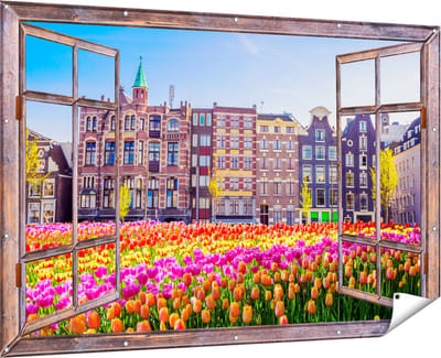 Gards Tuinposter Doorkijk Amsterdamse Huisjes met Tulpen - Kleur - 180x120 cm - Tuindoek - Tuindecoratie - Wanddecoratie buiten - Tuinschilderij