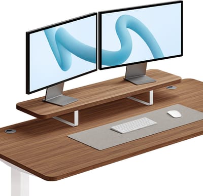 Desktronic Monitorstandaard 2 Schermen Wit/Walnoot - Monitor Verhoger Hout - 114 x 28 cm