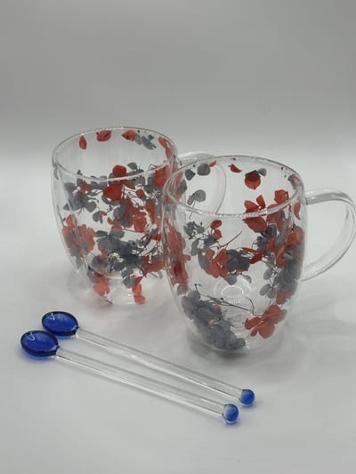2 Unieke handgemaakte dubbelwand Koffie en Theeglazen met gedroogde bloemen - 350ml - Inclusief 2x Lepels - Latte Macchiato Glazen - Cappuccino Glazen - Koffieglazen