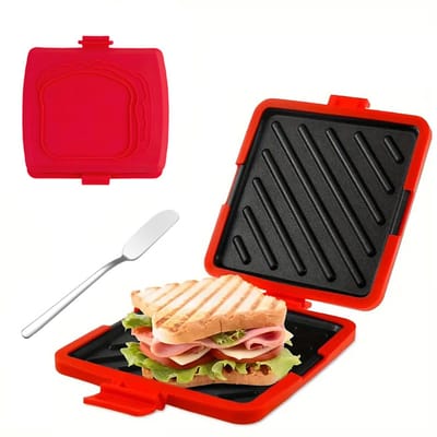 Draagbare Siliconen Tosti Maker met Boter Mes - Broodrooster - Non-Stick Sandwich Pers voor Magnetron - Rood - Ontbijt Gadget - 16x16x3 cm