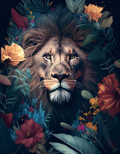 AI - Woondecoratie - Poster - Dieren - Leeuw - Bloemen en jungle - 5 - 60 x 80 cm