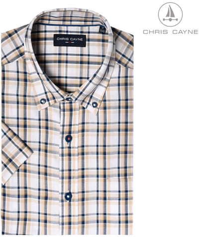 Chris Cayne heren overhemd - korte mouw - M - borstzak - Offwhite/zand - ruit dessin - 100 % Katoen - borstzak