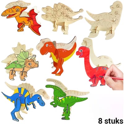 Houten dino knutselen - 8 stuks - Maak je eigen dinosaurus - Knutselpakket dinofeest - DIY dino’s knutselset kinderfeestje – Dinosaurus puzzel - Knutselen met kinderen - Knutselspullen jongens
