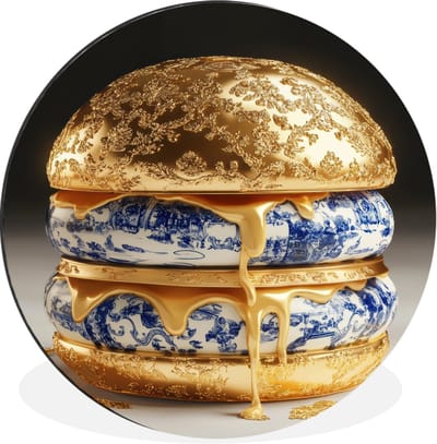 WallCircle - Wandcirkel - Muurcirkel - Delftsblauw - Goud - Burger - Aluminium - Dibond - 90x90 cm - Binnen en Buiten
