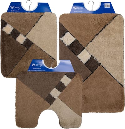 Wicotex - Badmat set - Badmat - Toiletmat - Bidetmat Taupe - Beige geblokt - Antislip onderkant - WC mat met uitsparing