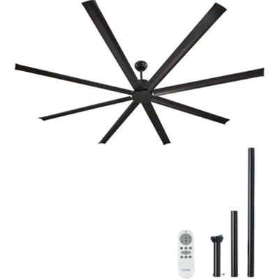VEVOR 243 cm plafondventilator zonder licht, 6-snelheden afstandsbediening, 8 aluminium bladen, omkeerbare DC-motor, ventilator voor slaapkamer, woonkamer, terras, binnen/buiten, zwart