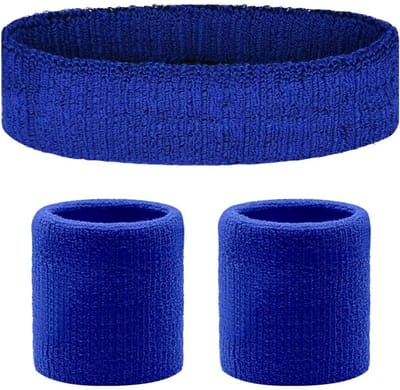 QTTVBTNA - 1 Stuk Sport Zweetband Set - 3 Stuks Katoenen Pols- en Voorhoofdbanden - Geschikt voor Fitness, Tennis & Voetbal - Absorberend en Comfortabel tijdens het Sporten - Blauw