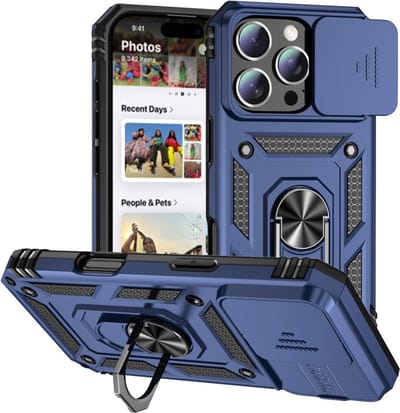 Coverup Hoesje - Geschikt voor iPhone 16 Pro Max Hoesje - Coverup Ring Kickstand Back Cover met Camera Shield - Blauw