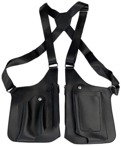 Dubbele schoudertas met afsluitbare zakken onder de armen, heuptasje, holster, casual telefoonvak, herenschoudertas (zwart).
