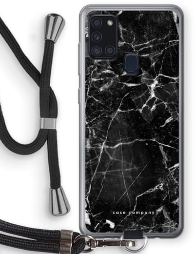 Case Company® - Hoesje met koord geschikt voor Samsung Galaxy A21s hoesje met Koord - Zwart Marmer - Telefoonhoesje met Zwart Koord - Bescherming aan alle Kanten en Over de Schermrand