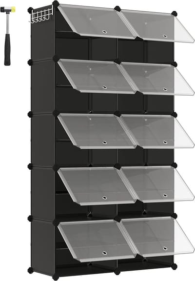Schoenenrek met 10 vakken, Schoenenkast, 30 x 40 x 30 cm per vak, smal, met deuren, Stalen frame, Kunststof, voor hal, slaapkamer, entree, zwart LPC035B01