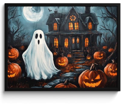 Poster in lijst - Fotolijst 70x50 cm - Posters - Halloween - Spookhuis - Pompoen - Spook - Posterlijst zwart - Decoratie - Wanddecoratie woonkamer - Muurdecoratie slaapkamer