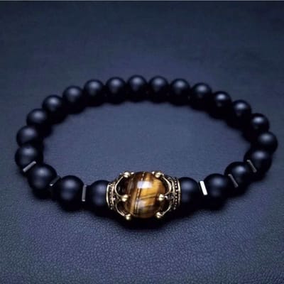 Walletstreet Caesar Crown Bracelet Armband Keizer kroon- Lavasteen armband 21 cm- Zwart met Bruine Kroon-voor mannen en vrouwen-Kerstcadeau-Ideale geschenk