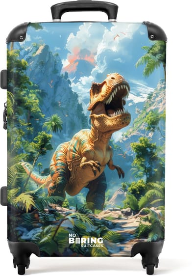 NoBoringSuitcases.com® - Kinderkoffer groot - Kindertrolley koffer - T-rex in tropisch woud - Rolkoffer lichtgewicht - Reiskoffer met 4 wielen - Grote trolley XL - 20 kg bagage