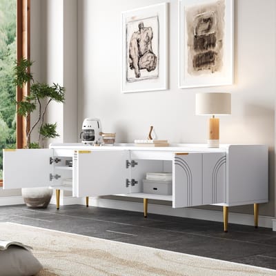 Tv-meubel - lage kast met gestructureerde deuren - gouden handgrepen en gouden poten - 170 x 35 x 47,5 cm