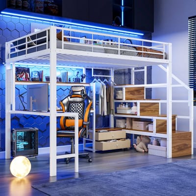 Hoogslaper 140x200 cm - Wit- Ijzeren frame - Hoogslaper Met LED-lichtstrip, 2 lades, Kledingstang, Hoogslaper Met Bureau & Opbergtrap - Tienerhoogslaper - Kinderhoogslaper - Matras niet Inbegrepen - Ruimtebesparend