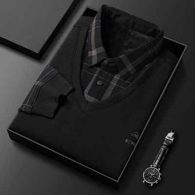 Nep Twee Delige Tops Papa Herfst en Winter Stijl Plus Fluweel Verdikking Warm Mannen Kraag T-shirt Basis Shirt XXXXL black