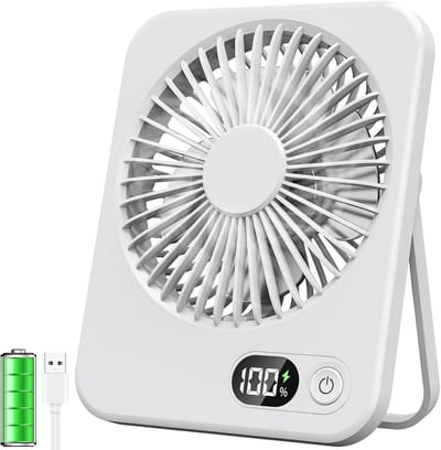VHV - Ventilator - Tafelventilator - Mini ventilator - Tafelventilator met USB-aansluiting - Klein formaat - 2500 mAh batterij - Stille mini-tafelventilator met LED-display - Draagbare bureauventilator - Voor thuis - Kantoor en kamperen - Wit