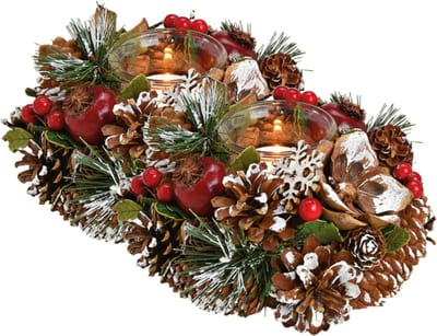 Kaarsenhouder ornament - 2x stuks - bruin/rood - hout - 18 cm - kaarsjes branden tafel decoratie
