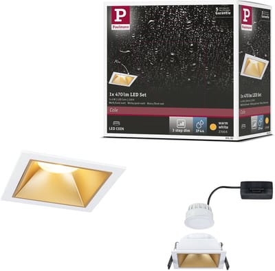 LED-inbouwlamp 3-Step-Dim Cole Coin Set van 1 IP44 hoekig 88x88 mm Coin 6W 470lm 230V dimbaar 2700K Wit, Goud mat