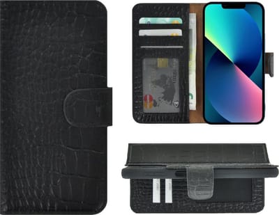 Hoesje Geschikt voor iPhone 13 - Bookcase - Portemonnee Hoes Echt leer Wallet case Croco Zwart